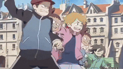 a group of cartoon characters are standing in front of a city