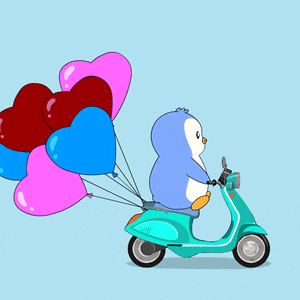a penguin riding a scooter with balloons in the shape of hearts