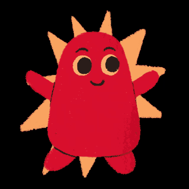 a cartoon drawing of a red monster with yellow spikes flexing its muscles