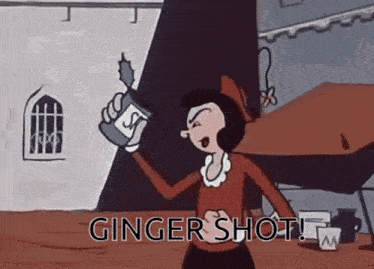 a cartoon of a woman holding a bottle of ginger shot