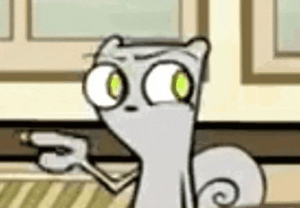 a cartoon squirrel with green eyes is pointing at something with his finger .