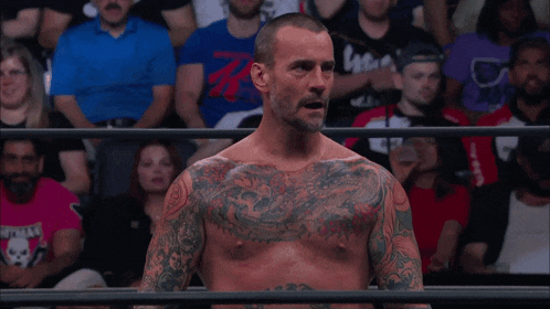 a shirtless wrestler in a ring with a crowd watching