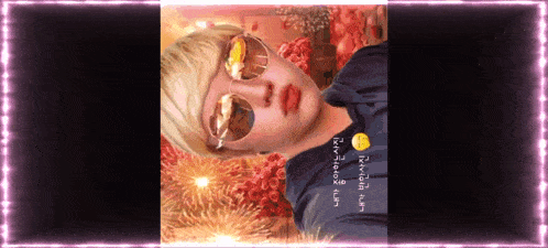 a drawing of a person wearing sunglasses and a purple frame with chinese writing