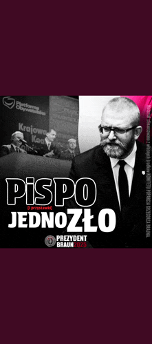 a man in a suit and tie stands in front of a podium with the words " pispo jednozlo " written on it