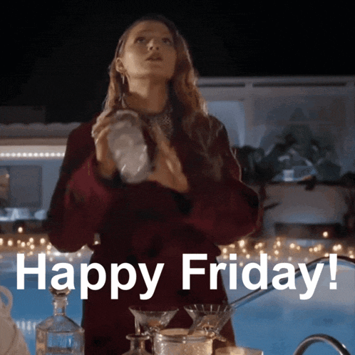 a woman is pouring a drink into a martini glass with the words happy friday written on the bottom