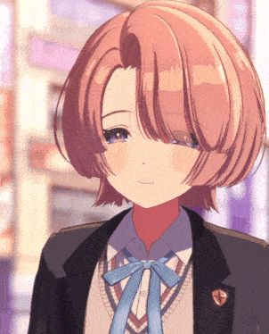 a girl with short brown hair is wearing a jacket and a blue bow tie