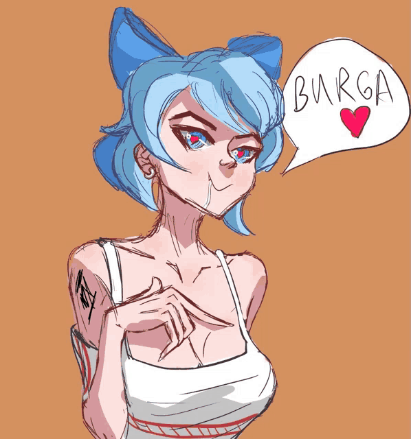 a drawing of a girl with a speech bubble that says " burga "