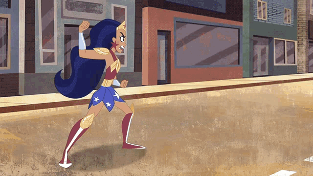a cartoon of wonder woman walking down a street