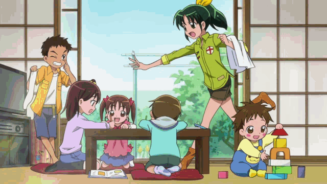 a group of children are playing in a living room with a girl wearing a green shirt with a cross on it
