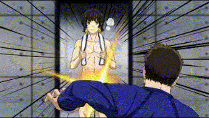 a naked man with a towel around his neck is being attacked by a man in a blue jacket .