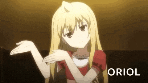 a blonde anime girl is making a funny face and giving a peace sign with her hands .