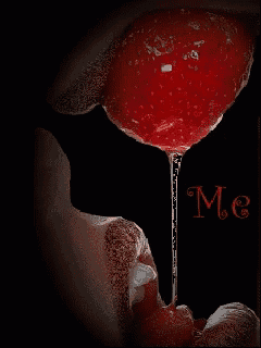 a close up of a person eating a strawberry with the word me behind them