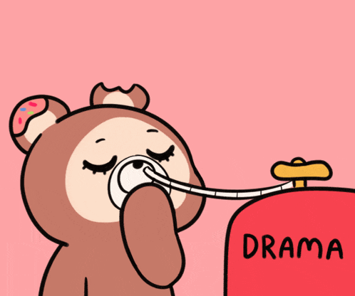 a cartoon of a bear wearing an oxygen mask next to a box that says " drama "