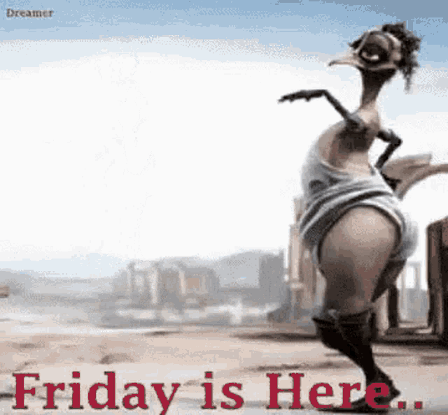 a cartoon character is dancing on a beach with the words friday is here written below it .