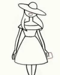 a black and white drawing of a woman in a dress and hat holding a purse .