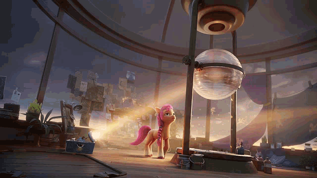 a pink pony is standing next to a hourglass