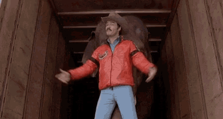 a man wearing a cowboy hat and a red jacket is standing in a truck holding an elephant .