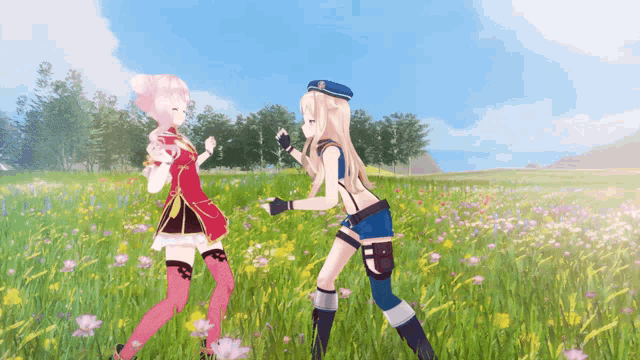 two anime girls are standing in a field of flowers holding hands