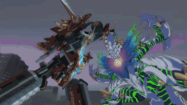 a cartoon drawing of a robot fighting another robot with a sword