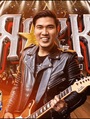 a man in a leather jacket holding a guitar in front of a sign that says rock