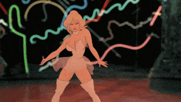 a cartoon woman is dancing in front of a neon sign