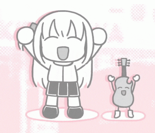 a cartoon drawing of a girl and a guitar with a pink background