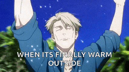 a man is standing in the snow with his arms in the air and a caption that says `` when its finally warm outside '' .