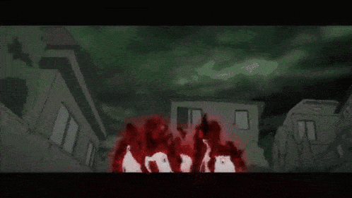 a group of cartoon characters are standing in a dark room with red smoke coming out of their mouths .