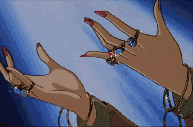 a cartoon of a woman 's hands with rings on