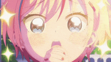 a close up of a anime girl with pink hair