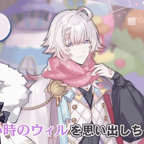 a man with white hair and a pink scarf stands in front of a colorful background with japanese writing