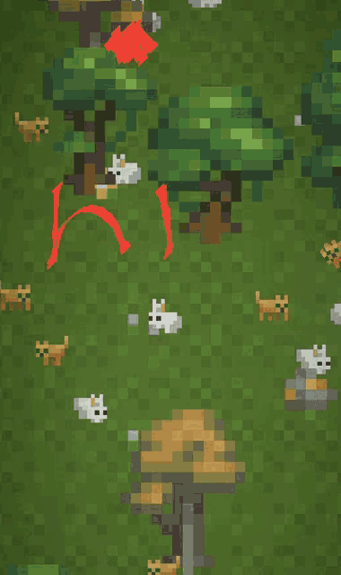 a pixel art landscape with trees and sheep and a red arrow pointing to a tree