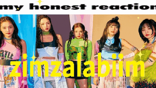 a group of girls are standing next to each other with the words my honest reaction zimzalabim written above them