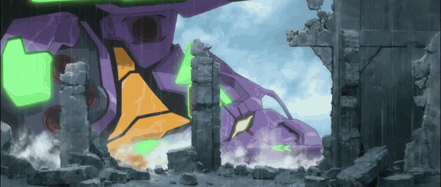 a purple and orange robot with green lights on its eyes