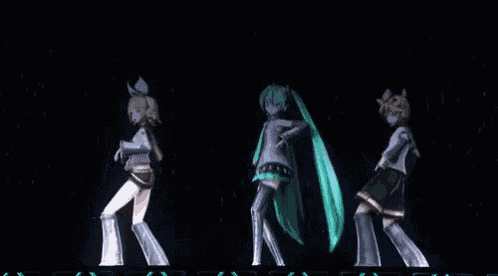 a group of anime characters are dancing together on a stage