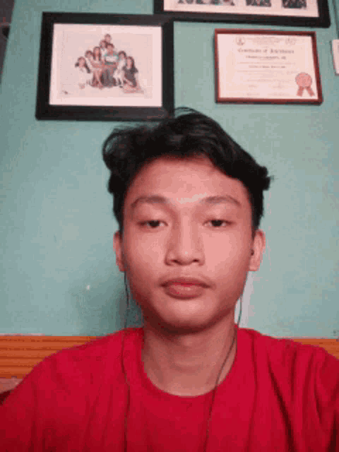 a young man in a red shirt takes a selfie in front of framed pictures