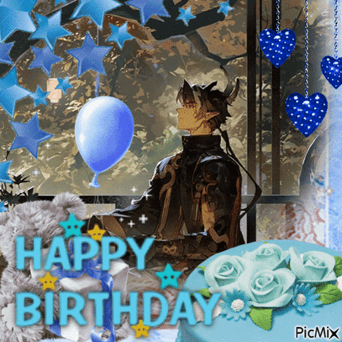 a happy birthday card with a picture of a man and a cake