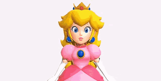 princess peach from super mario bros is wearing a pink dress and gloves .