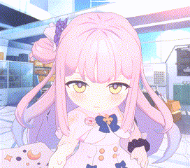 a girl with pink hair and yellow eyes is wearing a purple dress