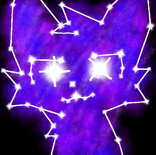 a purple background with constellations and a glowing face