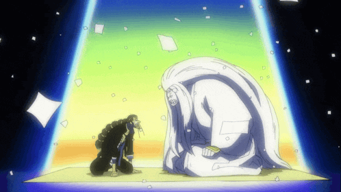 a cartoon drawing of a man kneeling next to a giant white monster