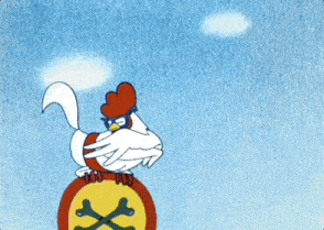a cartoon chicken is standing on top of a sign with crossbones
