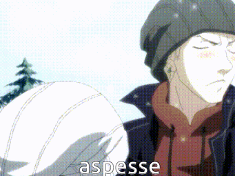 a man wearing a beanie and a scarf is standing in the snow and the word aspesse is on the bottom right