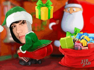 a cartoon of a man dressed as an elf next to a santa claus