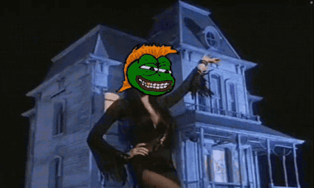 a cartoon of a woman with a frog face standing in front of a house