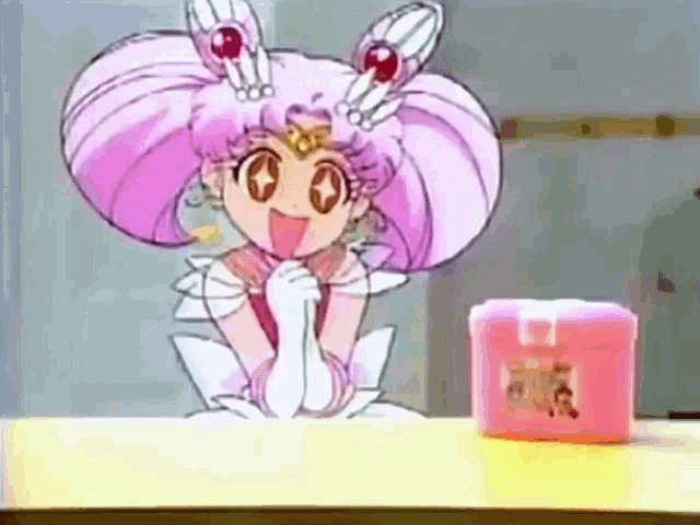 a cartoon character with pink hair is sitting at a table