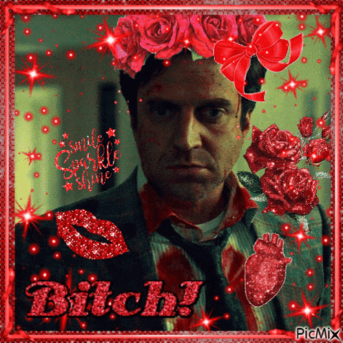 a picture of a man with roses on his head and the word bitch on the bottom