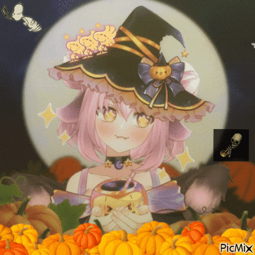 a picture of a girl wearing a witch hat and holding a drink with a straw