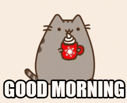 a cartoon cat is holding a cup of hot chocolate and the words `` good morning '' .