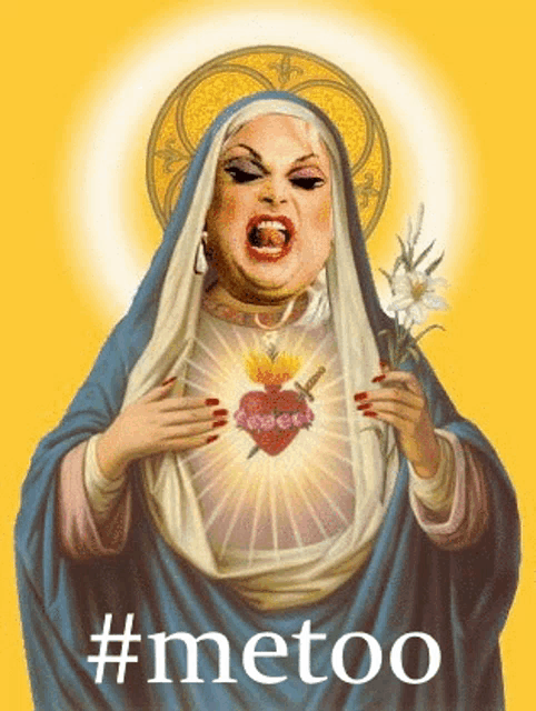 a painting of a woman in a nun 's robe holding a heart with a knife in it .